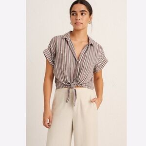 Anthropologie Cloth & Stone Stripe Linen Blend Button Tie Front Shirt Size Small